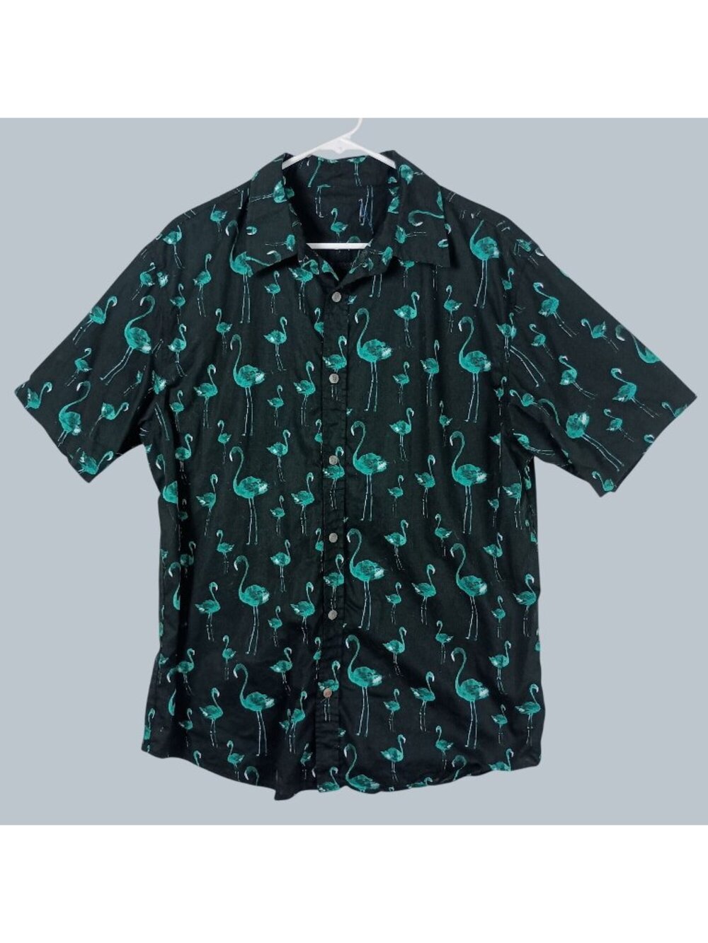 Flamingo Print Button Up Shirt Mens L Black Teal Vacation Summer Party